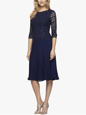 Alex Evenings Women's navy tea length embroidered bodice dress. Size 8